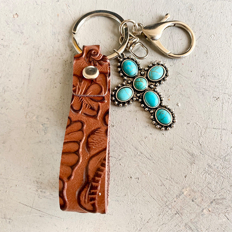 Wholesale 2pcs Vintage Embossed Cowhide Western Style Turquoise Pumpkin Flower Textured Cowhide Keychains